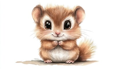 Cute hamster with fluffy body and big eyes, watercolor style. AI generated illustration.