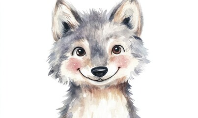 Happy kid wolf doll, watercolor style. AI generated illustration.
