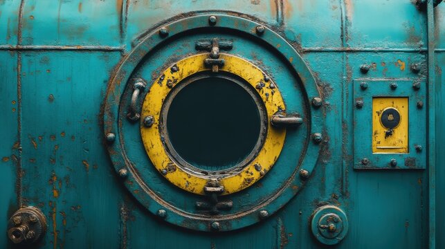 Vintage Porthole with Rusty Metal Texture and Yellow Trim Design