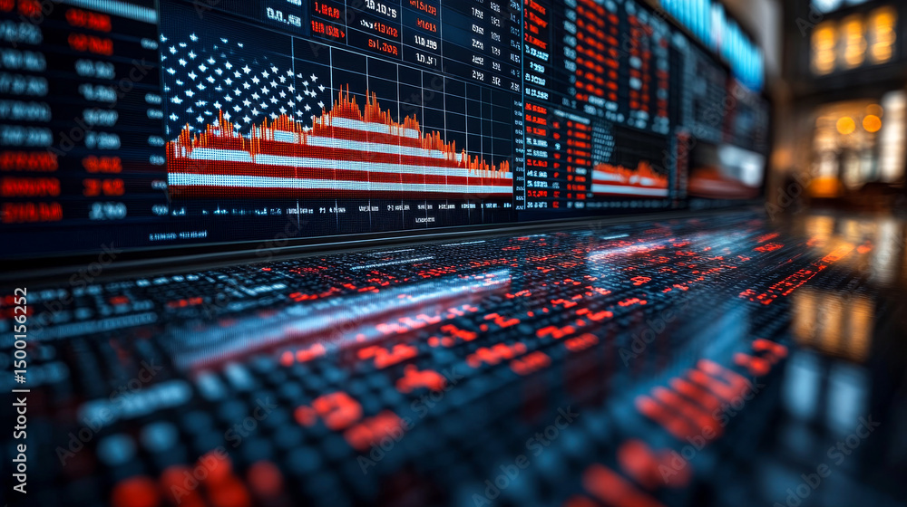 Poster market analysis in trading room. traders analyze stock market data with digital screens displaying m