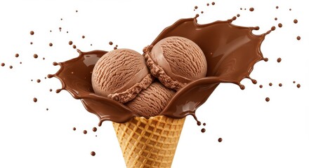 Chocolate ice cream scoops in a cone with chocolate splash isolated on a white background