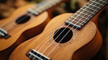 Obraz premium Ukuleles showcase their wooden bodies and strings in a close up view, sitting near each other indoors.