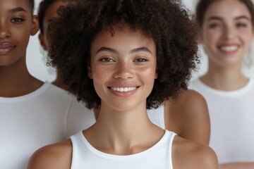 Obraz premium A young Latin woman is smiling while standing in front of a diverse group of students