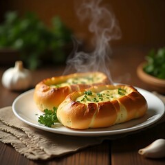 Plate with delicious homemade garlic bread on table