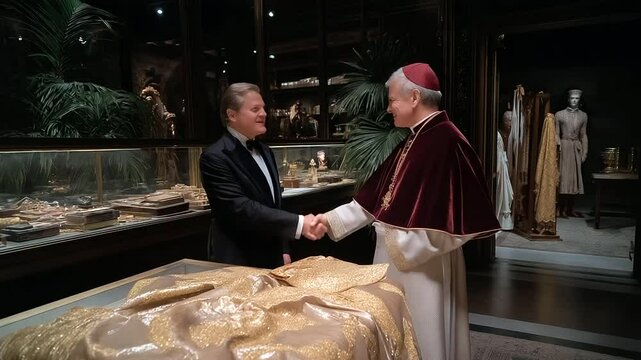 A cardinal greeting a delegation in a sacristy with vestments
