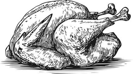 Ink drawing of a raw turkey laying on its back with detailed texture lines. Vector illustration