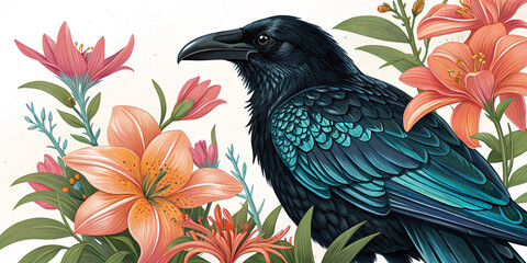 A hyper-realistic design featuring a majestic black raven perched among vibrant lilies.