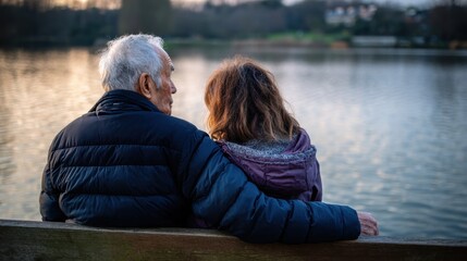 An elderly man and a woman sitting closely on a bench overlooking a serene lake at sunset 