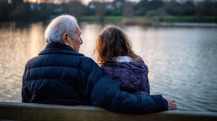Elderly man and woman sitting on a bench by the lake with the man’s arm around her