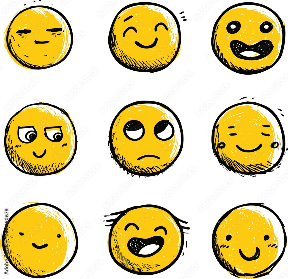 Poster yellow faces with various expressions in a grid, sketch style. vector illustration