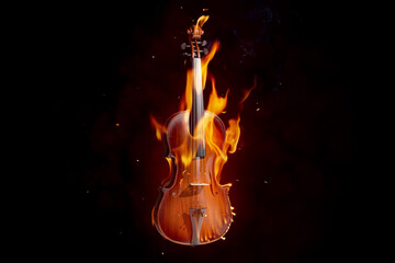 Burning violin isolated on black background. 3d render and real fire flames.