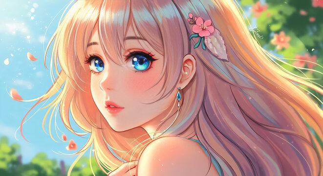 Dreamy Shojo Anime Female Close-Up Portrait Soft Pastel Colors Nature Background Delicate Features Digital Painting Japanese Manga Style