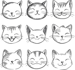 Set of hand-drawn smiling cat faces in black and white sketch style. Vector illustration