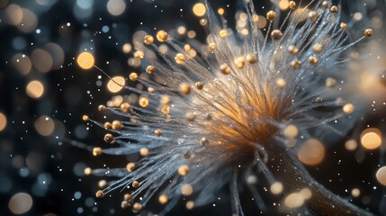 Close up of a flower with a lot of glitter on it. The flower is surrounded by a lot of snow