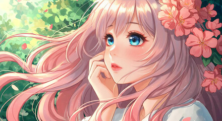 Dreamy Shojo Anime Female Close-Up Portrait Soft Pastel Colors Nature Background Delicate Features Digital Painting Japanese Manga Style