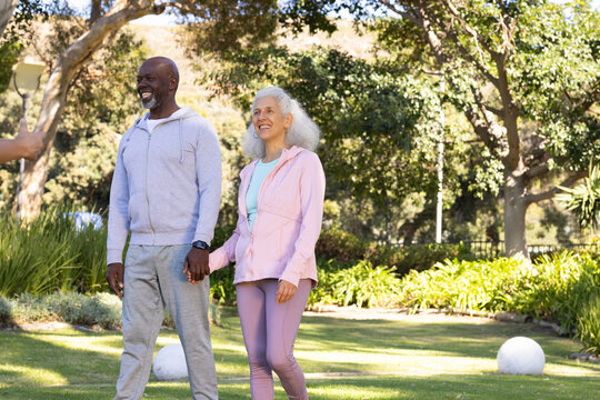 Walking Diverse senior couple holding hands on grassy park lawn, with fitness tracker watch