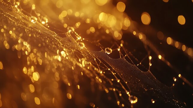 Gold and black background with a spider web pattern. The spider web is made of water droplets