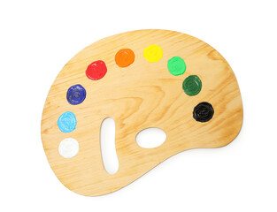 Wooden palette with paints isolated on white, top view