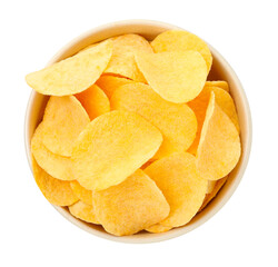 Tasty chips in bowl isolated on white, top view