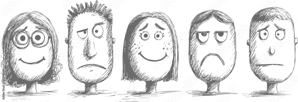 Poster set sketched faces displaying different emotions. vector illustration