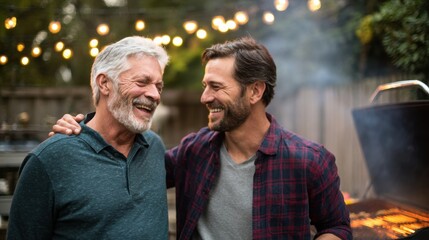 Father and adult son laughing together while grilling in backyard, perfect for father's day