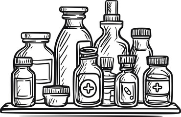 Vintage apothecary jars and bottles in black and white illustration style. Vector illustration