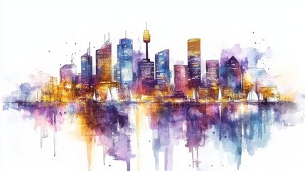 Obraz premium Cityscape watercolor of a sunset scene at a harbor