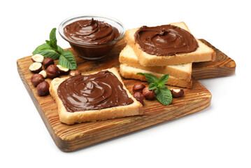Toasts with chocolate hazelnut spread, nuts and mint isolated on white