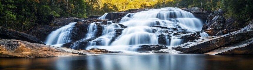 Fototapeta premium A majestic waterfall in a lush forest gently cascades down mossy rocks