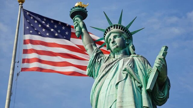 Statue of Liberty in New York City with the American Flag Waving Behind It against a Blue Sky