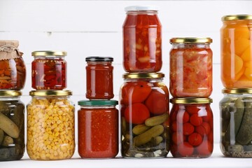 Many jars with different pickled products on white table