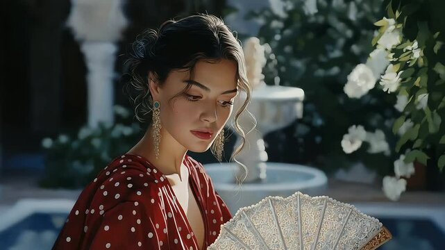 A flamenco dancer with a lace fan in an Andalusian courtyard