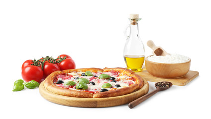 Tasty pizza and ingredients isolated on white
