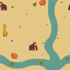 Seamless cartoon pattern with gorilla, hippo, elephant, giraffe, and river. Earth Day and safari theme in naive doodle style. Warm and cheerful atmosphere.