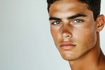 Naklejka premium Close-up portrait of a young man with freckles and intense gaze.