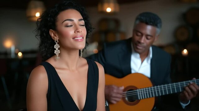 A guitarist and singer performing in a cozy bodega