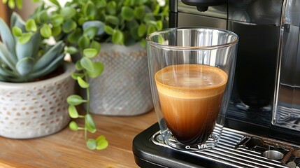 Aromatic Espresso Coffee in Glass Cup Being Prepared by Modern Machine on Wooden Table with Plant