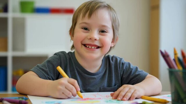 Child with Down syndrome drawing with colored pencils in classroom. Boy in gray t-shirt focused on creative activity. Educational development concept. Inclusive learning. Artistic expression