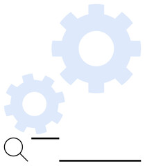 Two interlocking gears and a magnifying glass illustrating concepts of optimization, efficiency, or process analysis. Ideal for teamwork, development, engineering, innovation, business strategy