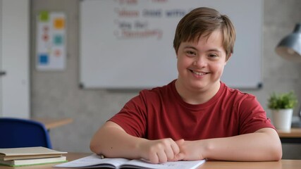 Boy with down syndrome giving thumbs up in classroom. Educational success and positive attitude. Inclusive learning and special education. World Down Syndrome Day and disability awareness.