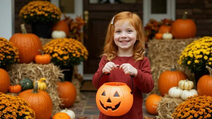 Laughing girl with orange pumpkin basket amid autumn decorations. Redhead child in burgundy sweater at halloween porch display. Holiday celebration. Trick-or-treat tradition. Childhood excitement