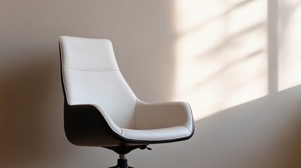 White chair is placed in front of a white wall. The chair is empty and he is a simple