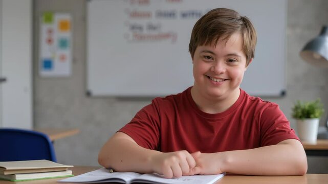 Boy with down syndrome giving thumbs up in classroom. Educational success and positive attitude. Inclusive learning and special education. World Down Syndrome Day and disability awareness.