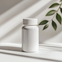 White Supplement Bottle on Minimalist Sunlit Background with Leaf Shadows