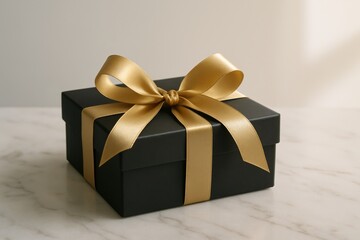 Obraz premium Elegant black gift box adorned with a luxurious golden ribbon on a marble surface