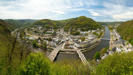 Panoramic aerial view of Bad Ems, the historic spa town on the Lahn River in Rhineland-Palatinate, Germany, nestled between wooded hills and renowned for its UNESCO World Heritage spa architecture.