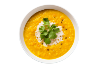 Delicious lentil soup with rice and cilantro isolated on a white background, Png Transparent Background