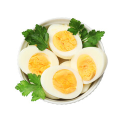 Boiled eggs and parsley in bowl on white background, top view