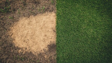 Top view of bare soil patch next to lush artificial turf.