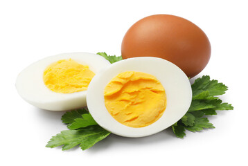 Boiled eggs and parsley on white background
